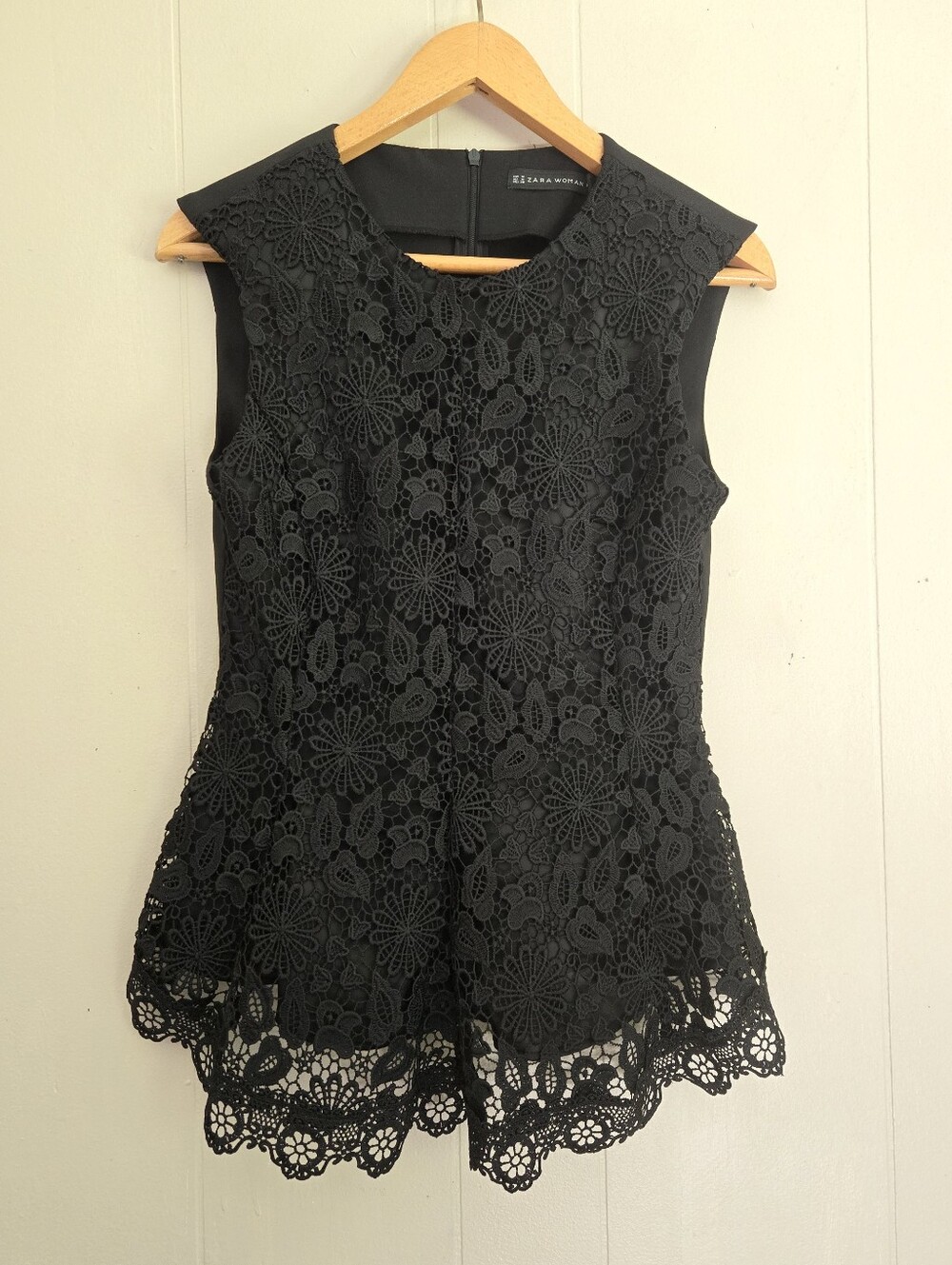 Zara Woman Black Lace Overlay Peplum Top Blouse M Chic Dark Romantic Whimsigoth